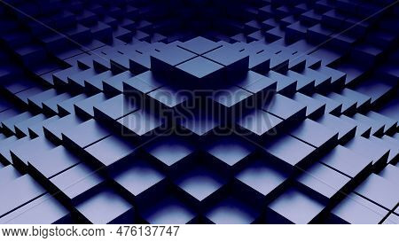 Dark Blue Abstract Moving Square Elements And Shadows. Reflective Voluminous Texture. 3d Illustratio