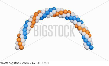 Blue, White And Orange Balloons In Shape Of Arc, Gate Or Portal. 3d Rendering