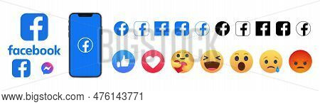 Facebook Emoticon Buttons. Collection Of Emoji Reactions For Social Network. Smart Phone With Facebo