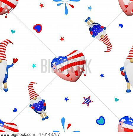 United States Independence Day Gnome Striped Hat Seamless Pattern. 4Th Of July National Usa Flag Hol