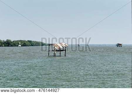 The Scenery Of The Huts In The Bang Tabun Gulf Which Is Part Of The Gulf Of Thailand In  Phetchaburi