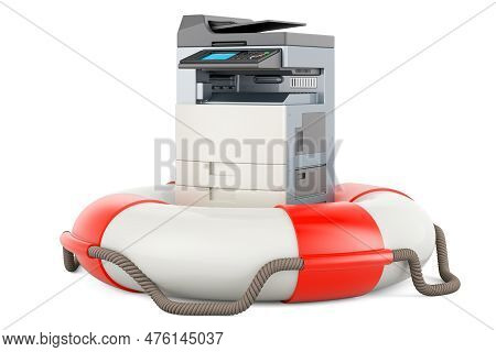 Office Multifunction Printer Mfp Inside Lifebelt. 3d Rendering Isolated On White Background