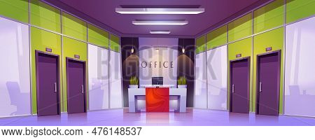Office Corridor Interior With Reception Cartoon Vector Background. Modern Company Hallway In Buildin