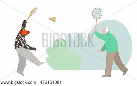 Seniors People Playing Tennis. Outdoor Activity For Retired People, Healthy Lifestyle. Cartoon Vecto