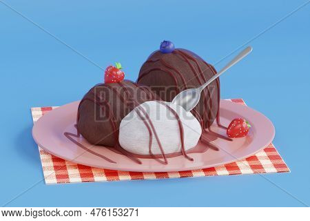 Ice Cream Scoops 3d Illustration. Ice Cream Ball With Chocolat And Strowberry Sauces Or Syrup. Appet