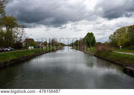 Boortmeerbeek, Flemish Brabant, Belgium - April 25, 2023 - High Angle View Over The River Senne