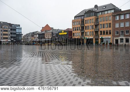 Geel, Flanders, Belgium - April 22, 2023 - Buildings In The Rain At The Old Market Square