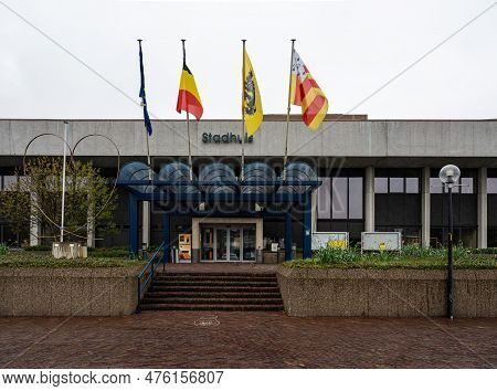 Geel, Flanders, Belgium - April 22, 2023 - Contemporary Facade Of The City Hall With Belgian, Europe