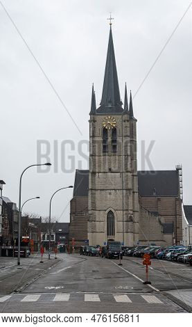 Geel, Flanders, Belgium - April 22, 2023 - Church At The Central Market Square In The Rain
