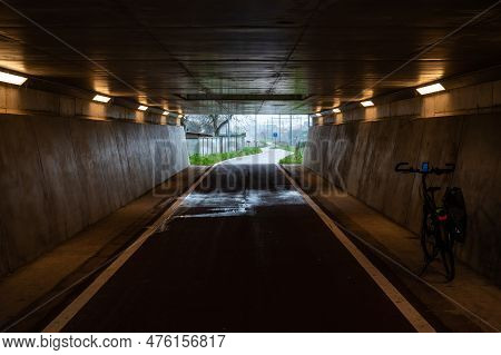 Geel, Flanders, Belgium - April 22, 2023 - Tunnel Of The F 105 Fast Biking Lane
