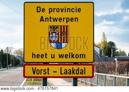 Vorst, Laakdal, Belgium -  April 21, 2023 - Road Sign Of The Municipality Vorsdt, Welcoming You In T