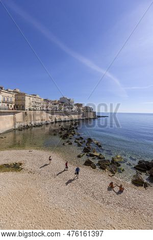 Syracuse, Sicily, Italy - April 29, 2023: Beautiful View Of Promenade Lungomare D'ortygia By Ionian 