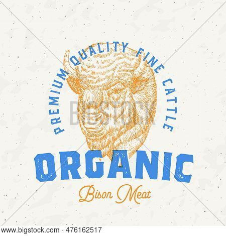 Risograph Style Bison Meat Farm Retro Badge Logo Template. Hand Drawn Buffalo Cattle Face Sketch Wit