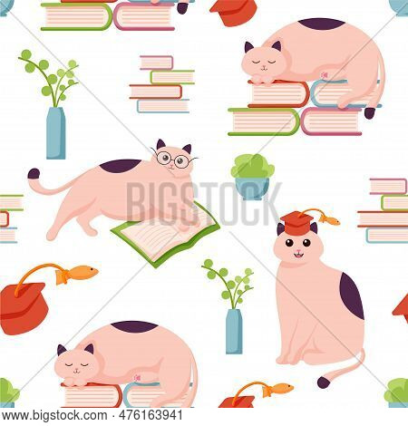 Cat Character Study Flat Pattern. Vector Seamless Pattern With Happy Cute Cats Character In Glasses.