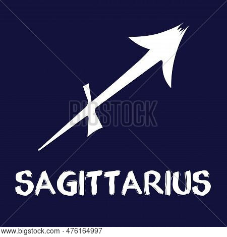 Hand Drawn Zodiak Signs. White Sagittarius Zodiac Icons On A Blue Background. Astrological Symbols O