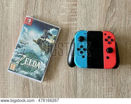 Prague, Czech Republic - May 11 2023: The Legend Of Zelda: Tears Of The Kingdom Case And Nintendo Sw