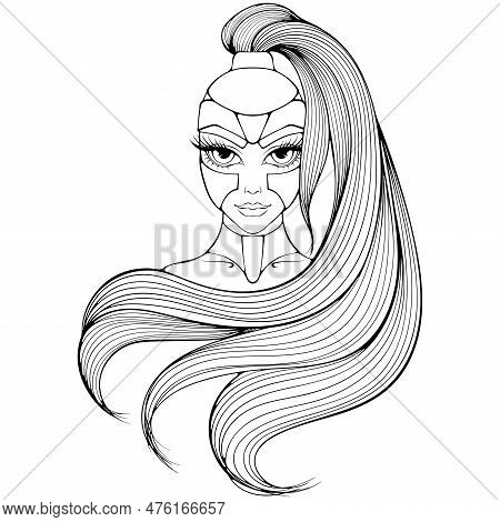 Portrait Of A Warrior Girl In A Helmet With Long Hair. Girl Power. Animation Portrait Of A Stylized 
