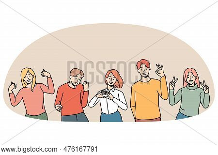 Smiling Diverse Young People Showing Hand Gestures Expressing Different Emptions. Happy Men And Wome