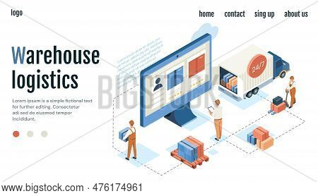 Online Warehouse Concept. Men With Containers And Boxes In Front Of Computer Monitor. Logistics And 