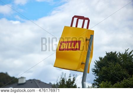 Villendorf, Austria - Circa 2022: Billa Supermarket Sign By A Roadside, An Austrian Retail Chain
