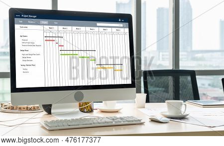 Project Planning Software For Modish Business Project Management On The Computer Screen Showing Time