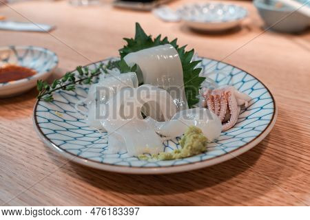 Fresh Sliced Ika Or Squid Sashimi Japanese Food