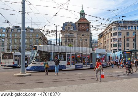 Geneva, Switzerland - June 11 2018: Tramway At Bel-air Station Opposite The 