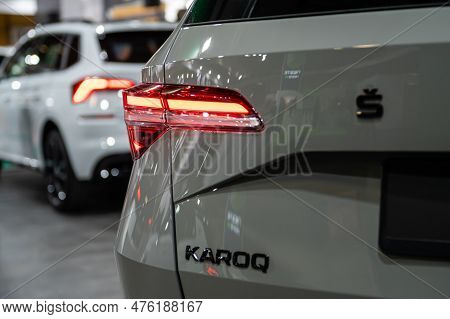 Riga, Latvia, April 28, 2023: Led Rear Lights And Car Design Closeup Of Nev Skoda Karoq Sportline, M