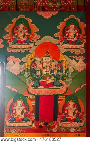 Sikkim, India - 22nd March 2004 : Colorful Buddist Murals , Piece Of Graphic Artwork That Is Painted