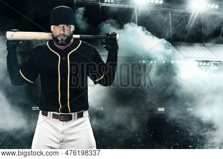 Porfessional Baseball Player With Bat On Grand Arena. Ballplayer On Stadium.