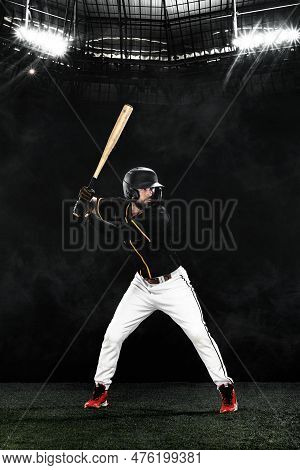 Porfessional Baseball Player With Bat On Grand Arena. Ballplayer On Stadium.