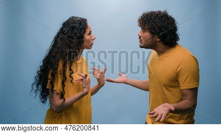 Multiracial Couple Quarrel Offended Arabian Indian Man Husband Argue With Angry Latino Hispanic Woma