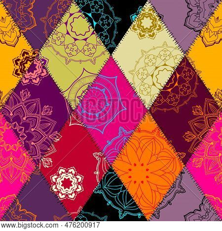 Textille Patchwork Pattern. Seamless Vector Image. Bright Tribal Patchwork.