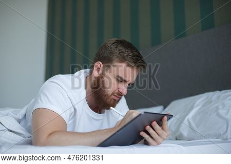 Sad Young Man Drawing Tablet Screen, Graphic Designer Work Use Write Draw Stylus Pc Pen On Tablet Co