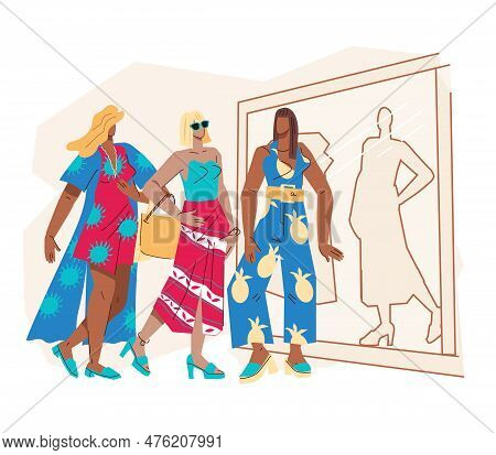 Fashion Shopping And Street Style Banner With Beautiful Well-dressed Women Or Fashion Models, Flat V