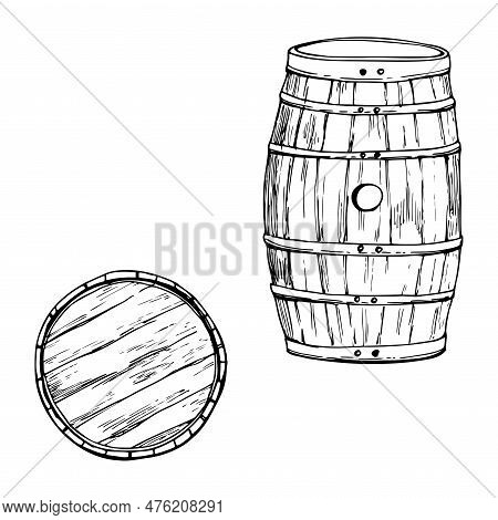 Ink Hand Drawn Vector Sketch Of Isolated Object. Wooden Barrel Side And Top View For Storing Liquor 