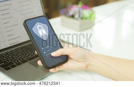 Cybersecurity Concept. User Is Logging In With A Username And Password Public. Data Protection, Info