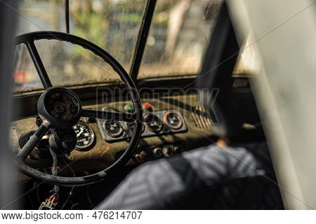Cabin Of An Old Rusty Car. Old Abandoned Car.