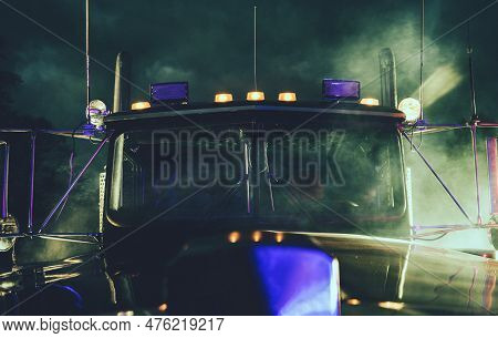 Semi Truck Night Drive Destination Heavy Ground Transportation Conceptual Photo. Trucking Theme.
