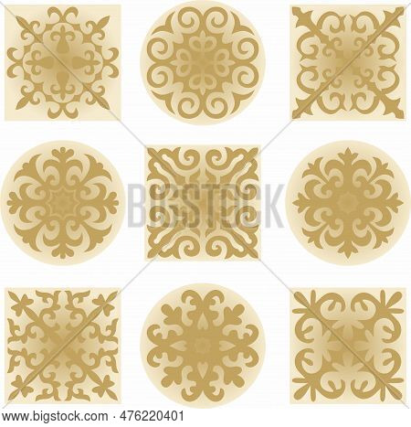 Vector Set Ofgolden Signs Kazakh National Ornament. Ethnic Pattern Of The Peoples Of The Great Stepp