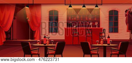 Cartoon Bar Interior. Restaurant Or Night Club With Jazz Music. Pub Counter. Cafe Chairs And Desks. 