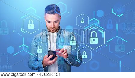 Businessman Finger Touching Phone In Hand, Double Exposure With Lock Icons Circuit And Personal Data