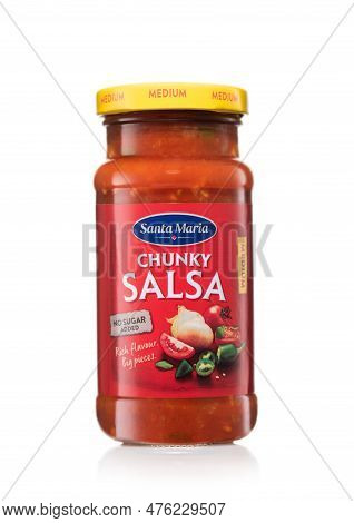 London,uk - April 22, 2023: Chunky Salsa Dip Sauce With Tomato And Jalapeno By Santa Maria On White.