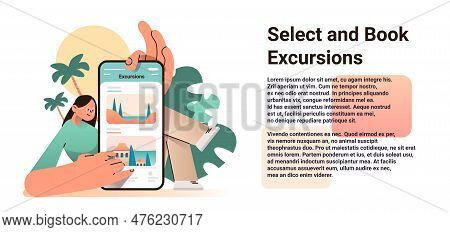 Woman Selecting And Booking Excursions In Mobile App On Smartphone Screen Tour Personal Guide Select