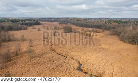 Lesna River Valley To East In Sunset Aerial, Bialowieza Forest, Poland, Europe