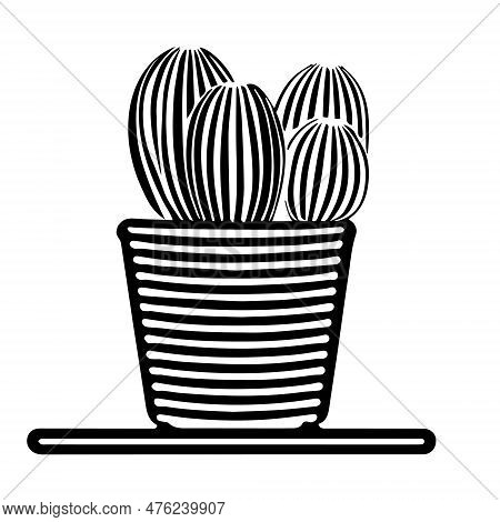 Black Outline Hand Drawing Vector Illustration Of A Decorative Cactus Hedgehog Plant In A Pot Isolat