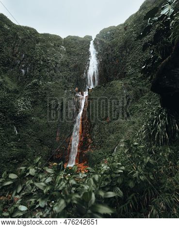 Waterfall In Guadeloupe Caribbean Island. Chutes Du Carbet, Waterfall In Guadeloupe National Park.