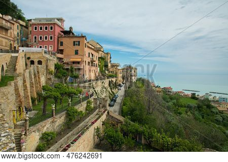 Grottammare, Italy - May 12, 2023: Panoramic View Of Grottammare Medieval Village Over Adriatic Sea 