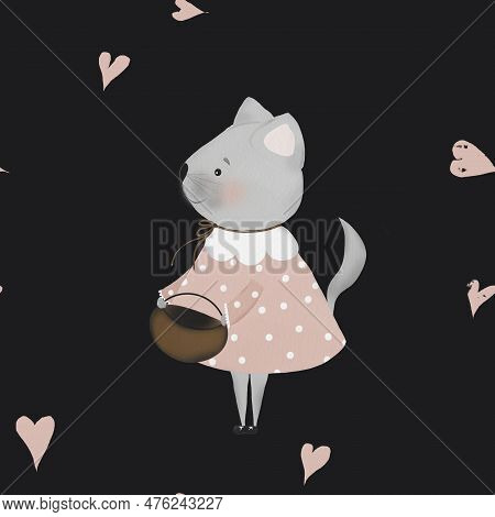 Seamless Repeat Pattern Cute Kitty And Hearts. Minimalism In Retro Style. Used For Childrens Testing