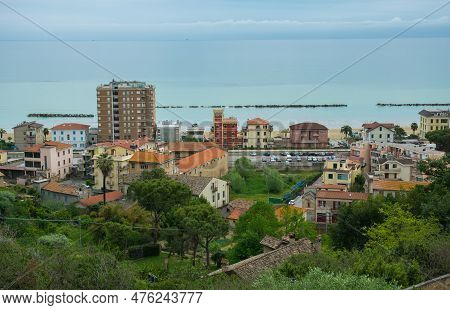 Summer View Of Old Grottammare Village On The Adriatic Sea In The Marche Region During Cloudy Day